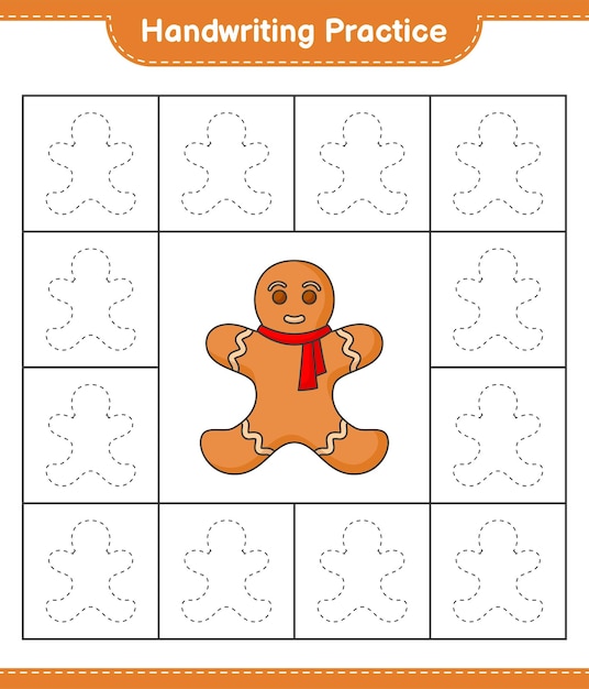 Prática de caligrafia traçando linhas de gingerbread man ilustração em vetor de planilha para impressão de jogo educacional para crianças