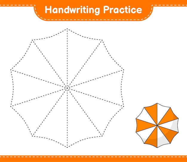 Prática de caligrafia traçando linhas de guarda-chuva de praia ilustração vetorial de planilha para impressão de jogo educacional para crianças