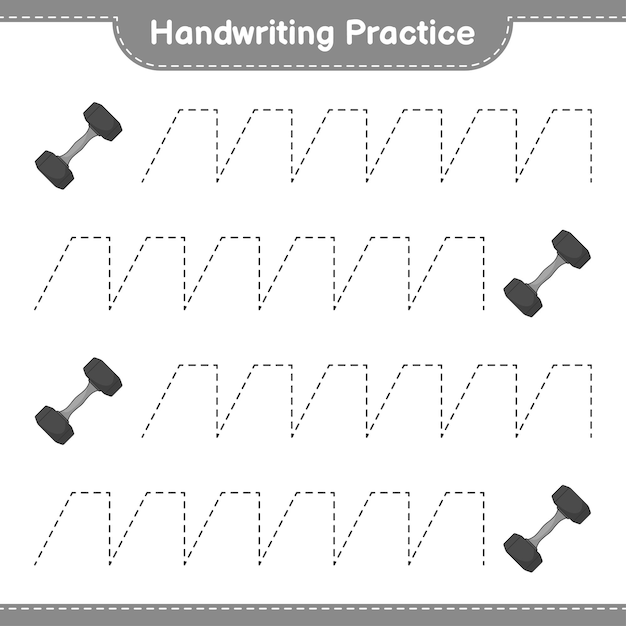 Prática de caligrafia. traçando linhas de haltere. jogo educativo para crianças, planilha para impressão, ilustração vetorial