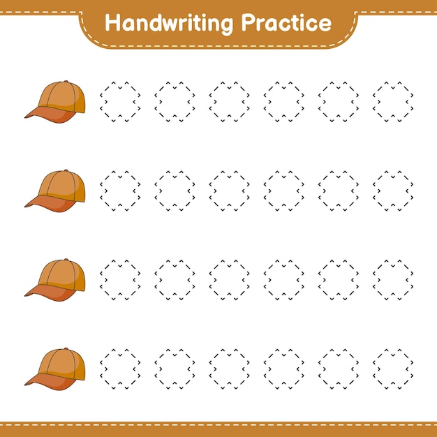 Prática de caligrafia traçando linhas de ilustração vetorial de planilha para impressão de jogo infantil cap hat educational