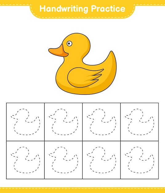 Prática de caligrafia. traçando linhas de pato de borracha. jogo educativo para crianças, planilha para impressão, ilustração vetorial