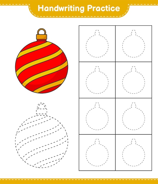 Prática de caligrafia traçando linhas de planilha para impressão de jogo educativo de bola de natal