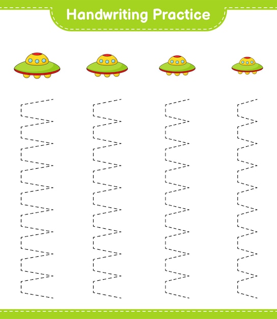 Prática de caligrafia. traçando linhas de ufo. jogo educativo para crianças, planilha para impressão, ilustração vetorial