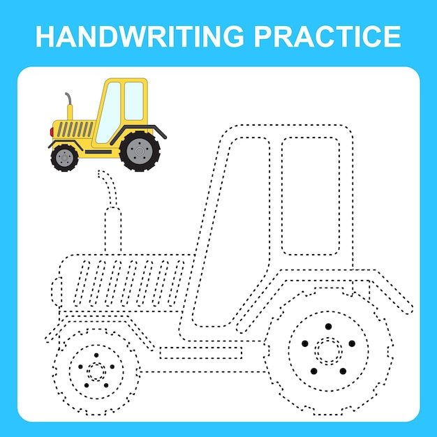 Prática de caligrafia Trace as linhas e pinte o trator Jogo educativo para crianças, livro de colorir, planilha para impressão, ilustração vetorial