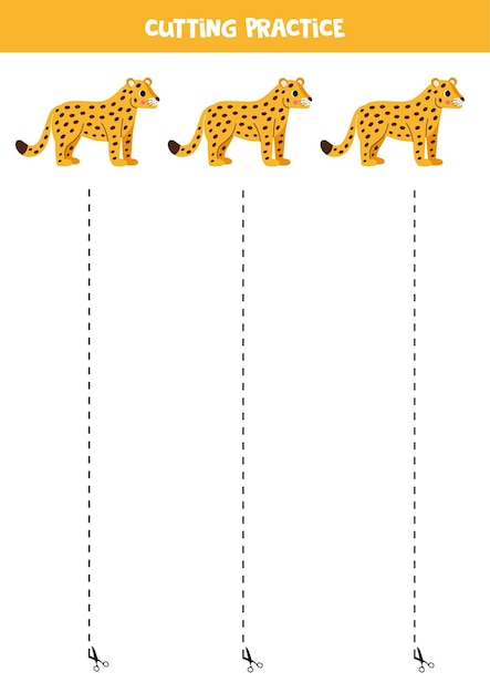 Prática de corte para crianças em idade pré-escolar corte por linha tracejada leopardos bonitos dos desenhos animados