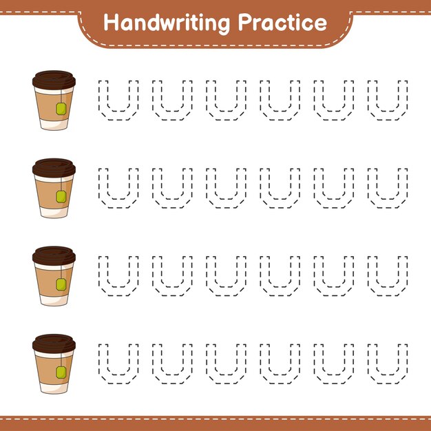 Prática de escrita à mão traçando linhas de planilha para impressão do jogo educacional infantil da xícara de chá