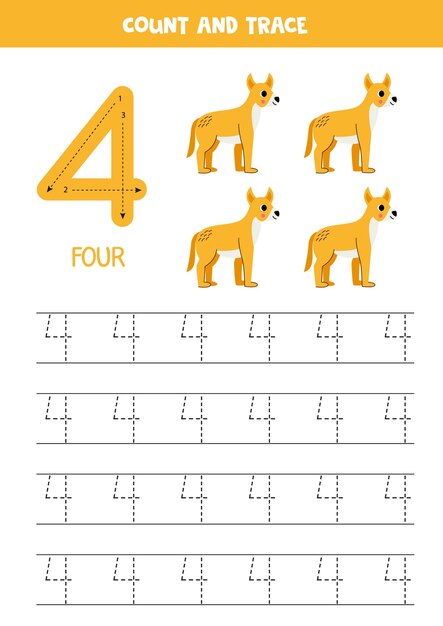 Prática de rastreamento de números Escrevendo o número quatro Cão dingo bonito dos desenhos animados