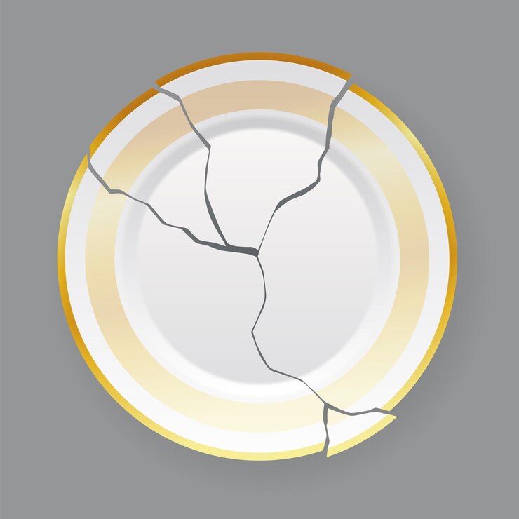 Vetor prato branco quebrado prato de comida destroçado prato de porcelana rachado pratos com danos ícone isolado em fundo branco ilustração vetorial