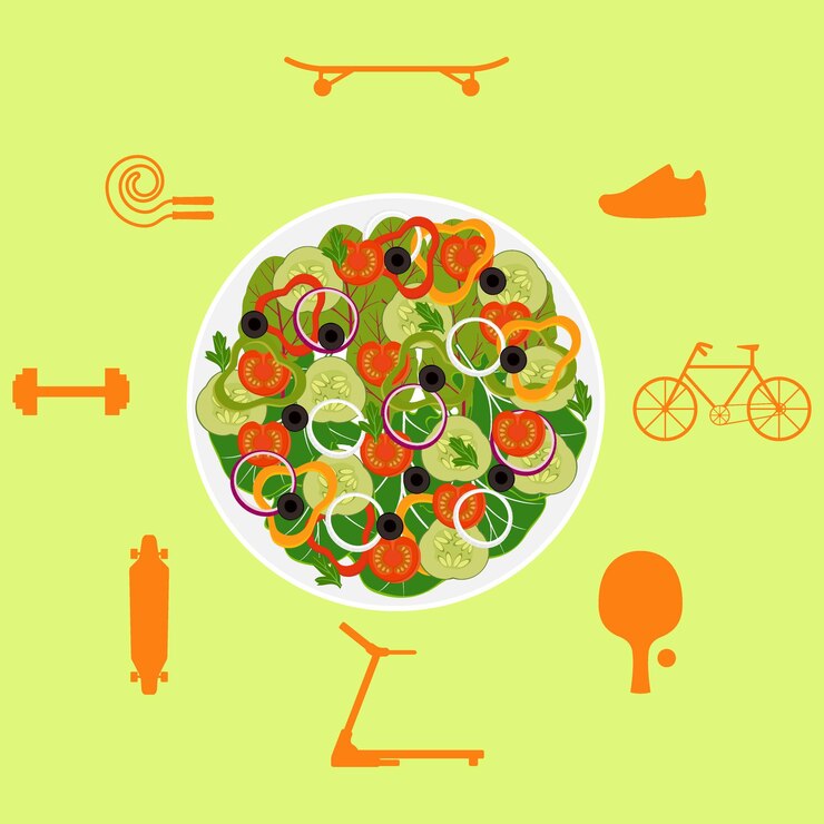 Vetor prato com salada de legumes rodeada por ícones de equipamentos esportivos para diferentes esportes