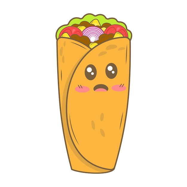 Prato de burrito mexicano de desenho animado Kawaii isolado no fundo branco