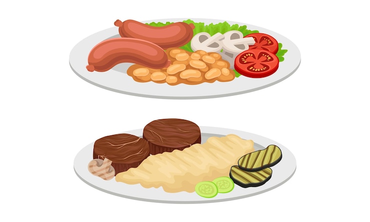Vetor prato de carne com bolos e salsichas servidos em prato vector set