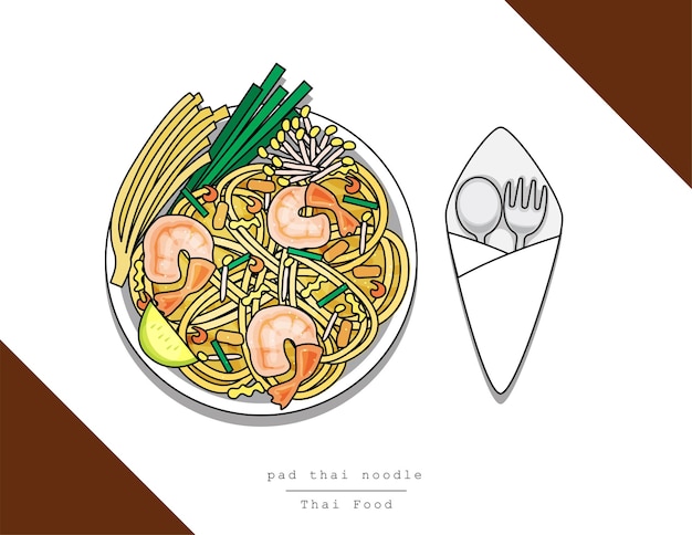 Prato de estilo de linha doodle isolado vetor de ilustração de vista superior de comida tailandesa na mesa