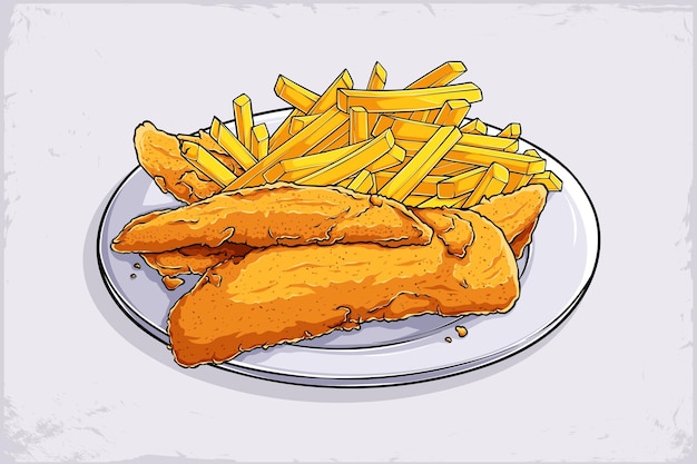 Prato de jantar branco desenhado à mão com batatas fritas douradas crocantes e nuggets de frango fritos isolados