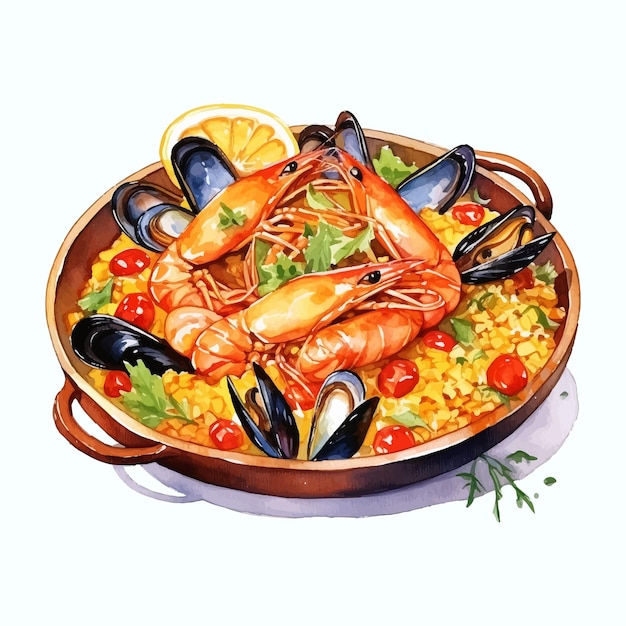 Vetor prato de paella isolado fundo branco ícone aquarela