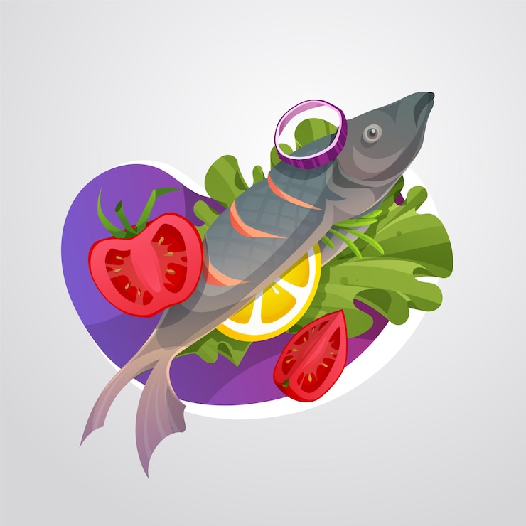 Vetor prato de salmão de vetor livre com tomate, cebola e limão