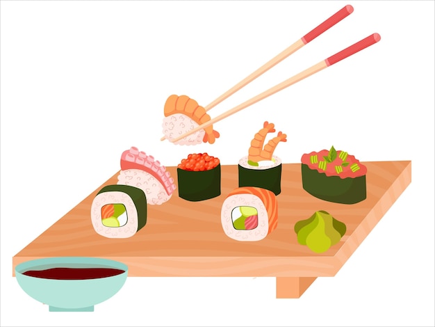 Prato isolado de desenho animado de sushi com pauzinhos e pãezinhos com salmão de arroz para comida com molho de soja wasabi e gengibre no sushi bar ou restaurante japonês de cozinha asiática Vector fim de semana isolado