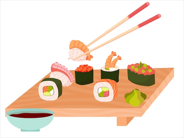 Vetor prato isolado de desenho animado de sushi com pauzinhos e pãezinhos com salmão de arroz para comida com molho de soja wasabi e gengibre no sushi bar ou restaurante japonês de cozinha asiática vector fim de semana isolado