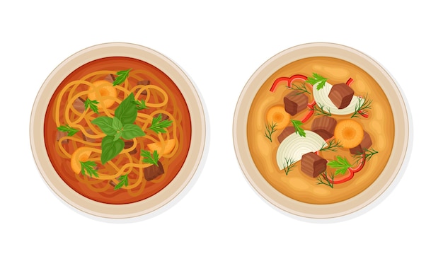 Prato tradicional da culinária uzbeque com sopa de macarrão e guisado espesso de carne servido no prato acima View Vector Set