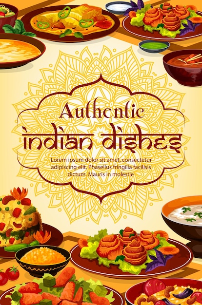 Pratos autênticos de comida indiana Menu de refeições da Índia