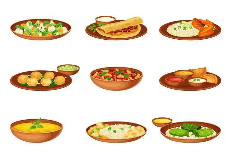 Vetor pratos e pratos principais da culinária indiana com arroz, vegetais e especiarias misturados, servidos em pratos e adornados com ervas.