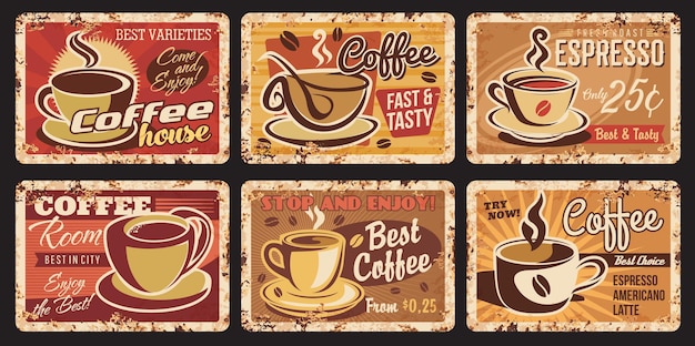 Pratos enferrujados de café fumegante vintage. Cafeteria, café, bebidas quentes e sinais de lata suja de vetor vintage de bebidas quentes, placas de metal surradas com textura de ferrugem, expresso, americano e café tardio em xícaras