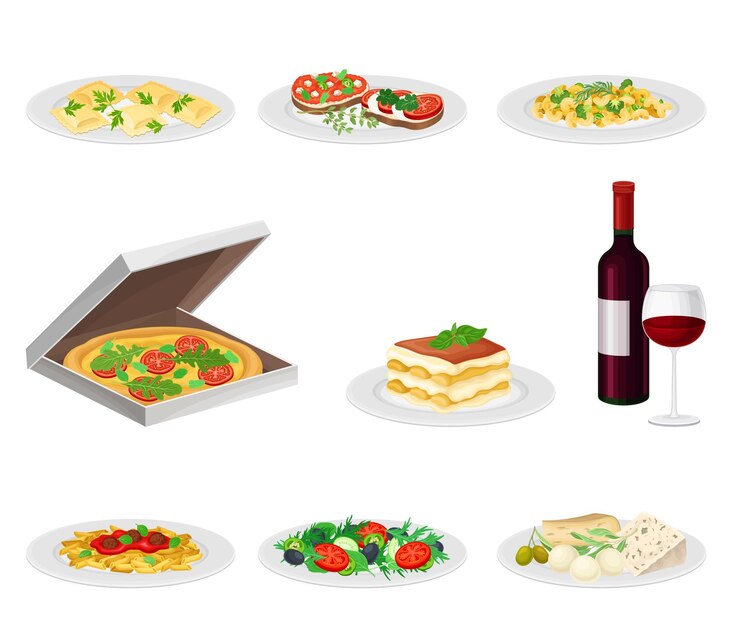 Vetor pratos italianos com pasta e pizza servidos em pratos set vetorial de visualização lateral