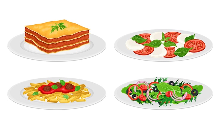 Vetor pratos italianos com salada de legumes e massa com molho de tomate servidos em pratos, vista lateral, vetor