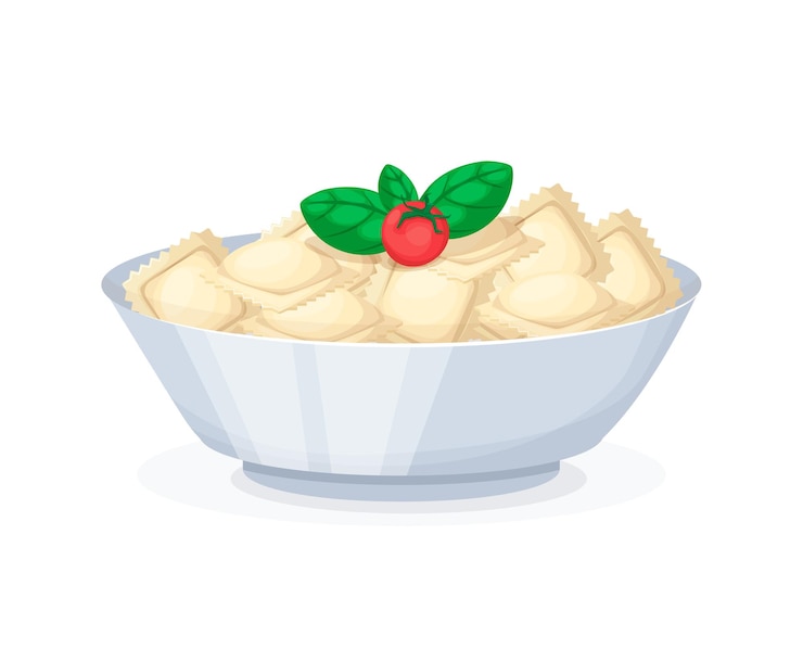 Vetor pratos realistas de massa de carne comida ravioli cozinha italiana tradicional comida saborosa ravioli em uma xícara massa italiana feita massa com vários recheios cozinha nacional ilustração vetorial isolada