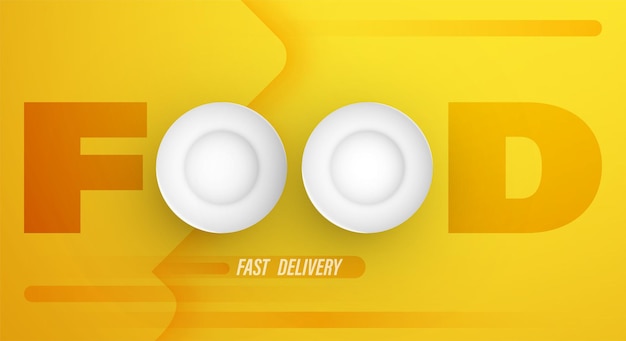 Pratos realistas entrega de fast-food de lojas para pedidos on-line vetor de banner amarelo conceitual de serviço