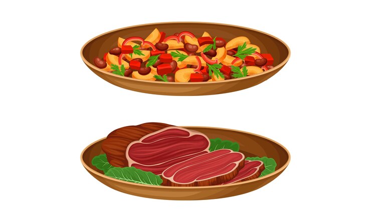 Vetor pratos saborosos para o jantar set de bife de carne, abobrinha estofada com feijão pratos principais servidos em pratos ilustração vetorial