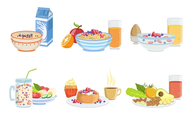 Pratos saudáveis para o pequeno-almoço Menu clássico com muesli farinha de aveia smoothie panquecas frutas legumes e bagas Ilustração vetorial
