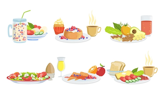 Pratos saudáveis para o pequeno-almoço Set Menu clássico com smoothie panquecas sanduíches frutas legumes e bagas Ilustração vetorial