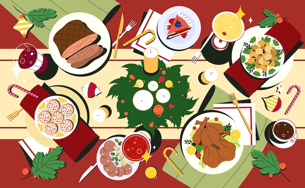 Pratos tradicionais de Natal em estilo simples. Vista de tampo da mesa de Natal com pratos em pratos, bebidas e talheres decorados. Toalha de mesa vermelha com comida de férias, velas e coroa de abeto de ramos de abeto.