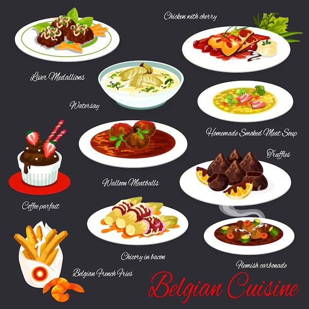 Pratos vetoriais de carne e sobremesa da cozinha belga