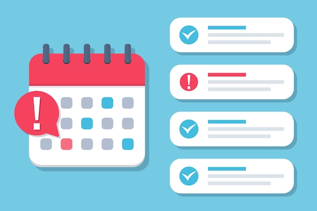 Prazo do calendário com uma lista de casos concluídos e não cumpridos em um design plano