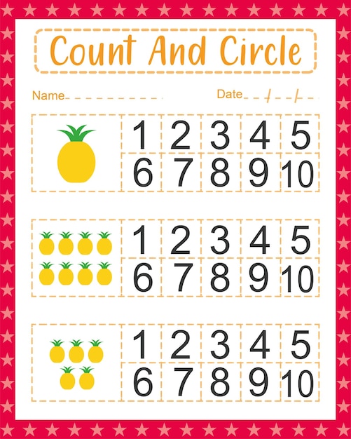 Pre-k count e circle match começando a contar a planilha de matemática para a folha de atividades da pré-escola para crianças