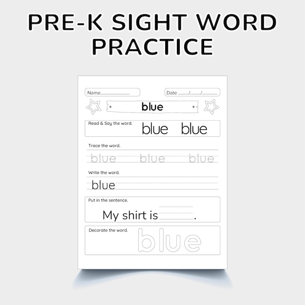 Vetor pre-k sight word practice worksheet. educação pré-primária domiciliar.