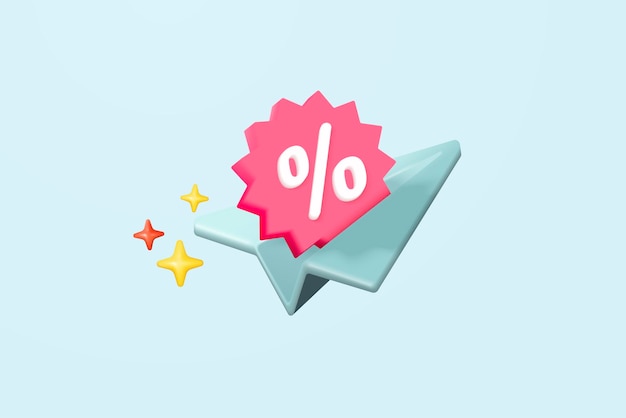 Preço de etiqueta 3d com avião de papel para cupom de desconto de compras on-line de dinheiro para vendas futuras com excelente oferta para promoção de oferta especial de compras ícone de etiquetas de preço 3d ilustração de renderização