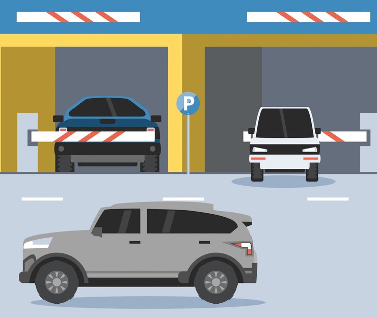 Vetor prédio com entrada de zona de estacionamento e barricada