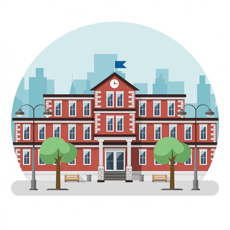 Vetor prédio da escola em uma cidade grande. ilustração vetorial