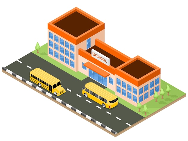 Prédio escolar e design isométrico de ônibus escolares gráficos vetoriais
