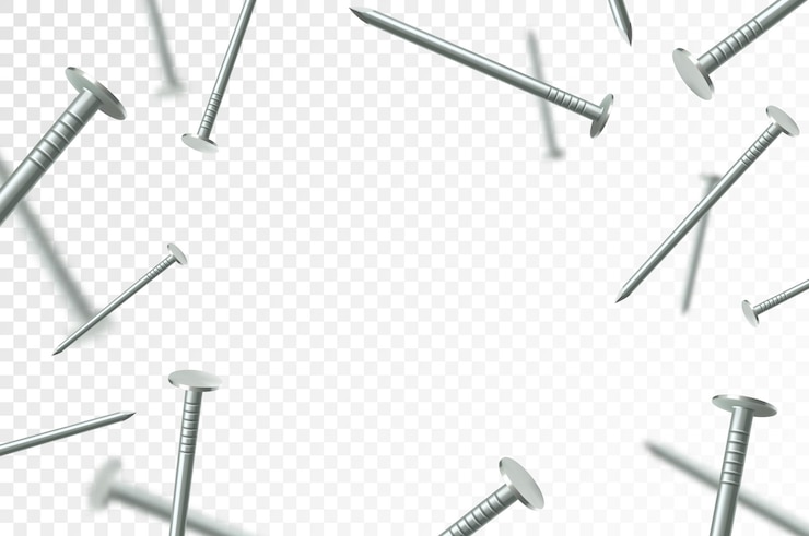 Vetor pregos de metal voadores isolados em fundo transparente muitos pregos de prata caindo