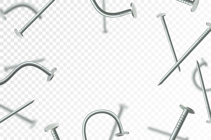 Vetor pregos de metal voadores isolados em fundo transparente muitos pregos de prata caindo