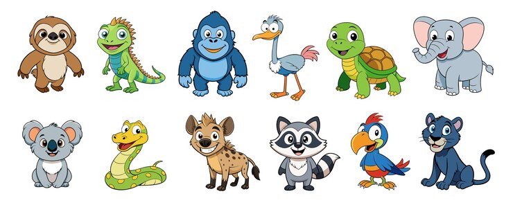 Vetor preguiça iguana gorila avestruz tartaruga elefante koala pitão hiena guaxinim papagaio e pantera