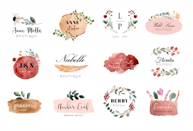 Premade logo floral e pincel traçado coleção aquarela