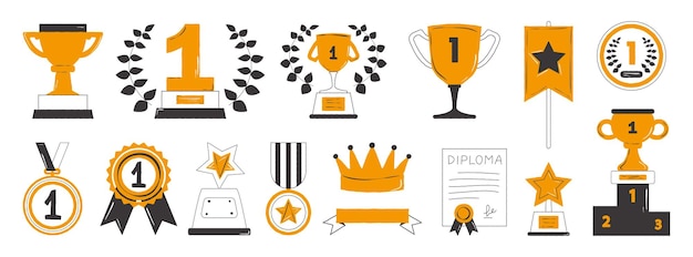 Vetor prêmios copas medalhas para os primeiros lugares e um conjunto de vencedores do pódio cor preta e laranja ícones decorativos do prêmio desenhados à mão ilustração vetorial em estilo doodle