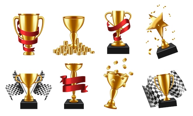 Prêmios de taça de ouro Troféu do vencedor com moedas de ouro de fita vermelha e bandeira a xadrez isolada