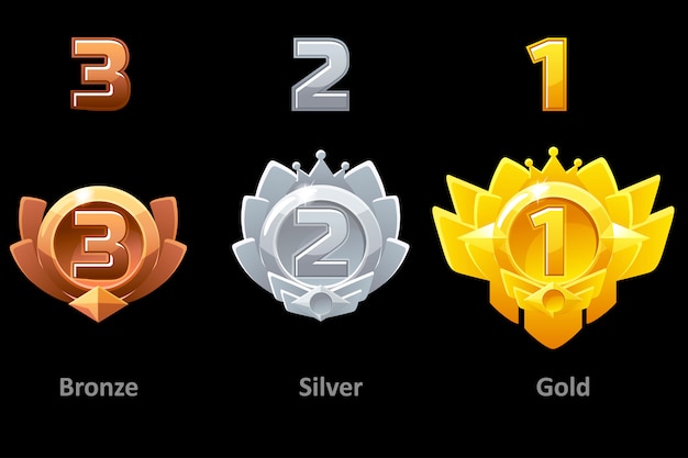Prêmios medalhas de ouro, prata e bronze por gui game. recompensas 1º, 2º e 3º lugar. prêmio de modelo.