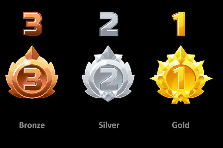 Vetor prêmios medalhas de ouro, prata e bronze. recompensas 1º, 2º e 3º lugar no gui game. prêmio de modelo
