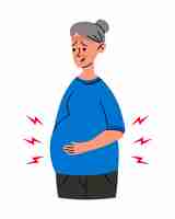Vetor preocupado grávida mulher velha dor de estômago conceito de problema de saúde contracções de parto prematuro